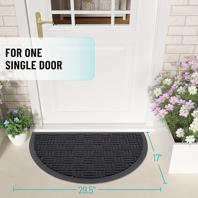 OLANLY Half Circle Door Mat Outside Entrance 29.5x17, Absorbent, Heavy Duty Sturdy Natural Rubber Doormat Indoor Outdoor, Fade Resistant, Non-Slip Backing Low Profile Floor Mat for Entryway, Black