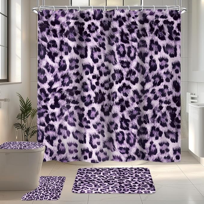 4 PCS Black Purple Leopard Shower Curtain Set 72Wx72H,Toilet Lid Cover,Non-Slip Rugs and U-Shaped Mat,Wild Cheetah Bathroom Sets with Rugs Shower Accessories 12 Hooks for Bathroom Decor