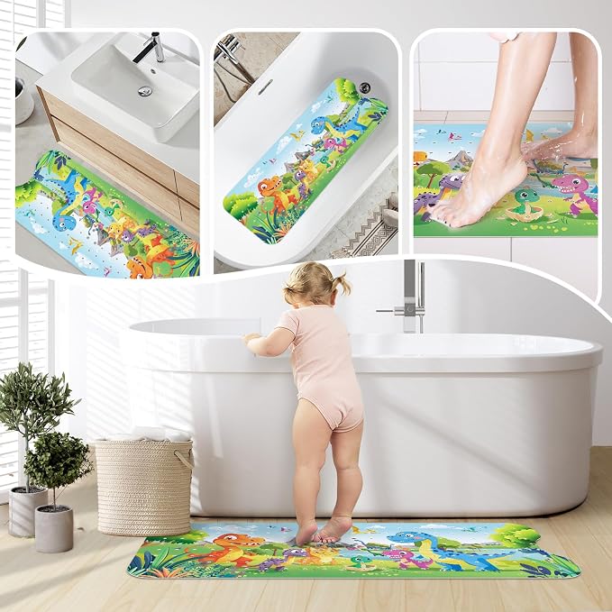 SHUCHING Baby Dinosaur Bath Mat for Tub Non Slip-40 X 16 Inch, Bathtub Mat Non Slip for Kids Baby, Toddler Long Shower Mat for Bathroom Mold Free, Machine Washable