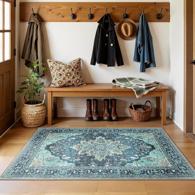 RELEANY Area Rugs 3'x5' Washable Non-Slip, Floral Vintage Distress Medallion Carpet for Living Room Bedroom Dining Room, Teal Green Lake Blue Turquoise