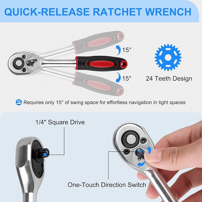 46PCS 1/4 Inches Ratchet Socket Wrench Set, Metric Socket Ratchet Wrenches Set, Ratcheting Wrench Tool Sets for Men, Premium Small Car Tool Kit for Automotive, Household Maintenance and Repairs