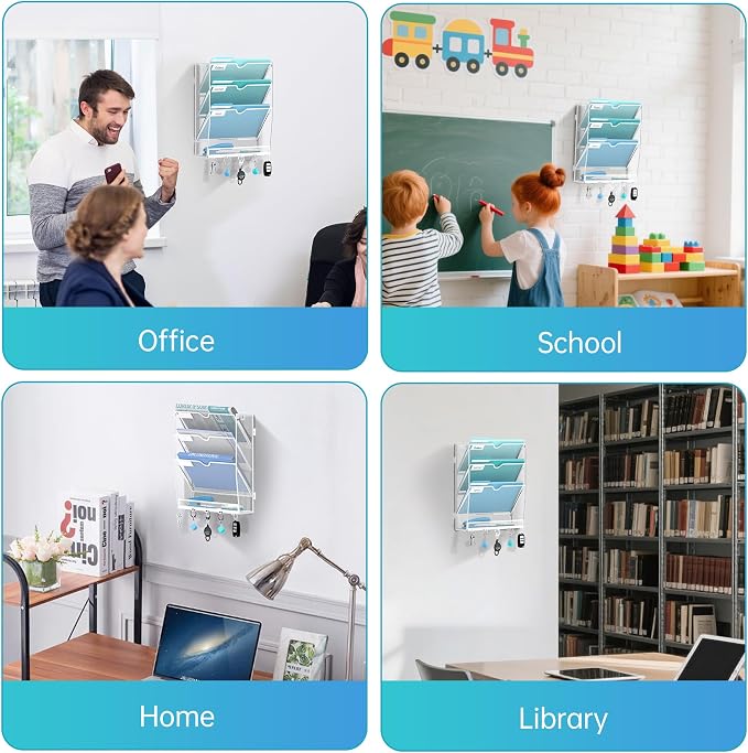 Wall File Organizer - Hanging File Organizer with 5 Hooks, Mail Holder Wall Mounted for Papers, Folders, Magazines, Bills, 4 Tier Office&School Organization, White