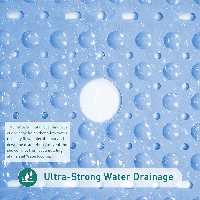 Large Square Shower Mat 27 x 27 Inch Light Blue, Non Slip Shower Bathtub Mats for Inside Shower with Big Suction Cups Drain Holes, Anti Slip Bathroom Floor Stall Mats, Easy Clean, BPA-Free