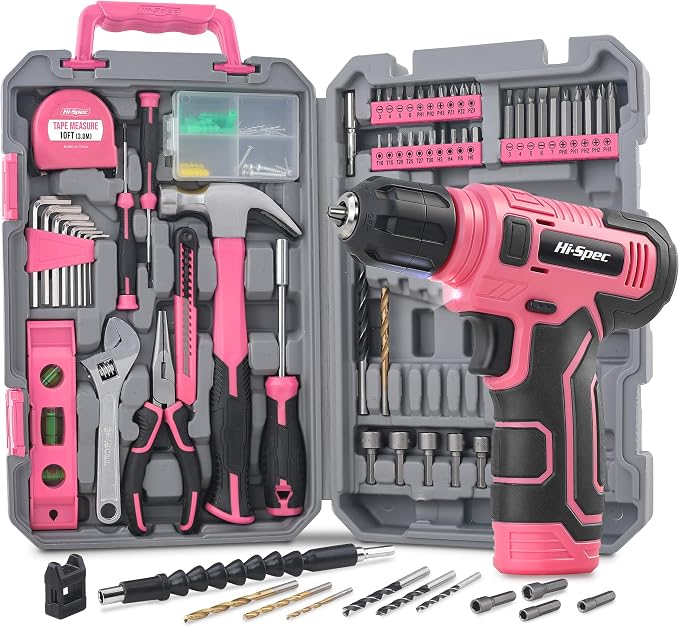 Hi-Spec Pink Tool Set with 8V Drill Set. Complete Cordless & Rechargeable USB Electric Drill Driver Kit for Women, Home DIY Repair & Maintenance, in a Compact Toolbox.
