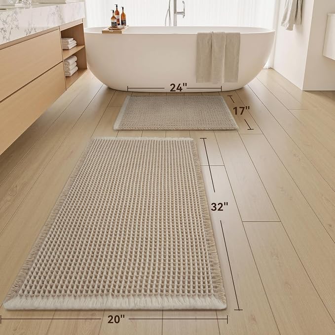 AMOAMI Waffle Bath Mats for Bathroom Bathroom Rugs Set of 2 Waffle Bathroom Mat 2 Pieces, Brown & Cream, 17" x 24" + 20" x 32"