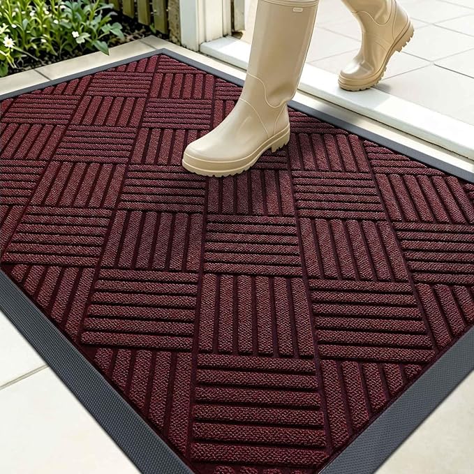 OLANLY Front Door Mat Outside Entrance 35x23, Absorbent, Heavy Duty Sturdy Natural Rubber Doormat Indoor Outdoor, Stain Fade Resistant, Non-Slip Low Profile Floor Mat for Entryway, Burgundy Diamond