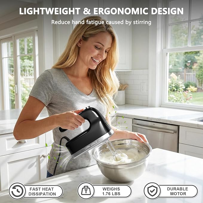 Lord Eagle 9-Speed Digital Hand Mixer Electric Handheld, 500W DC Motor Kitchen Mixer for Cake Baking, Lightweight Egg Beaters with Stain-resistant & Waterproof Storage Bag & 6 Accessories, Black