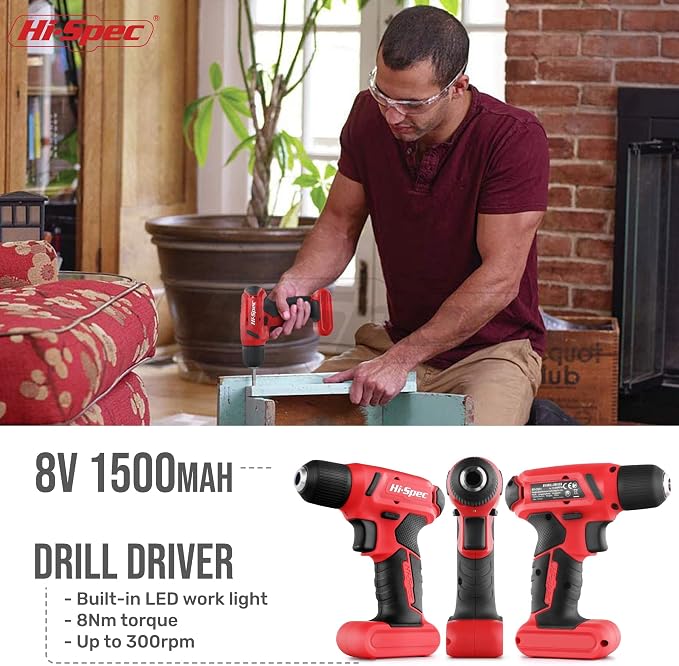 Hi-Spec 58pc Red 8V USB Electric Power Cordless Drill Driver and Home DIY Tool Kit Set. Screw Driver and Drill Bit Set Accessories, Pliers and Hammer In a Toolbox Case