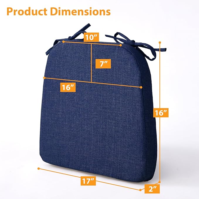Ruqmuis Chair Cushions for Dining Chairs, 2" Thick Seat Cushions for Kitchen Chairs, D-Shaped Chair Pads with Washable Cover, Ties and Non Slip Backing, 17'' x 16'', Set of 4, Blue