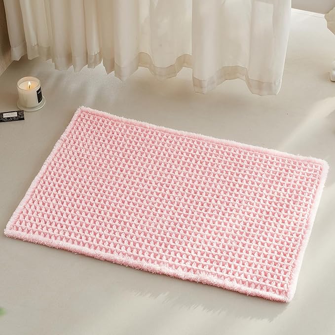 TYUU Light Peachy Pink Bathroom Rugs, Waffle Bath Mat Non Slip Washable Quick Dry Cute Bath Mat Boho Farmhouse Bathroom Decor, 30"x20" Light Peachy Pink