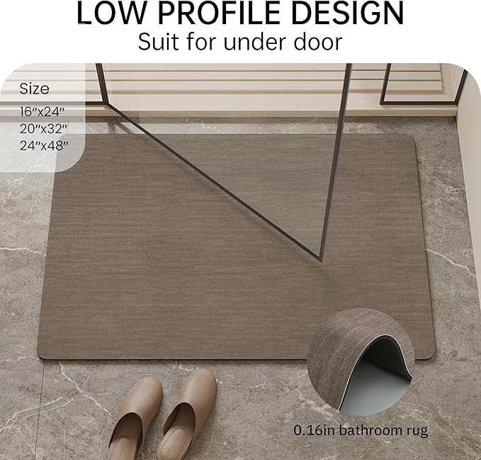 Mecko Bath Mat, Ultra Absorbent Quick Dry Bathroom Floor Mats-Rubber Non-Slip Thin Bathroom Rug Fit Under Door, Faux Suede Surface Shower Rug for Bathtub, Sink, Shower Room(Brown,24"x48")