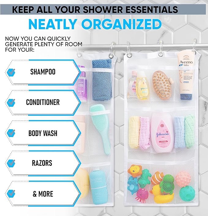 Handy Laundry Shower Curtain Bathroom Organizer -9 Pockets- Perfect for Organizing Home Bath, Your Toiletries and kid's Toys in Nine Durable Deep Mesh Pockets. Hang on Existing Shower Curtain Rings.