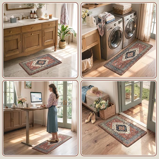 KIMODE Farmhouse Kitchen Mats, Anti Fatigue Kitchen Rugs Sets of 2, Non Slip Waterproof Kitchen Floor Mats, Ergonomic Cushioned Comfort Standing Mat, Red Laundry Room Rug for Office, Sink, Desk