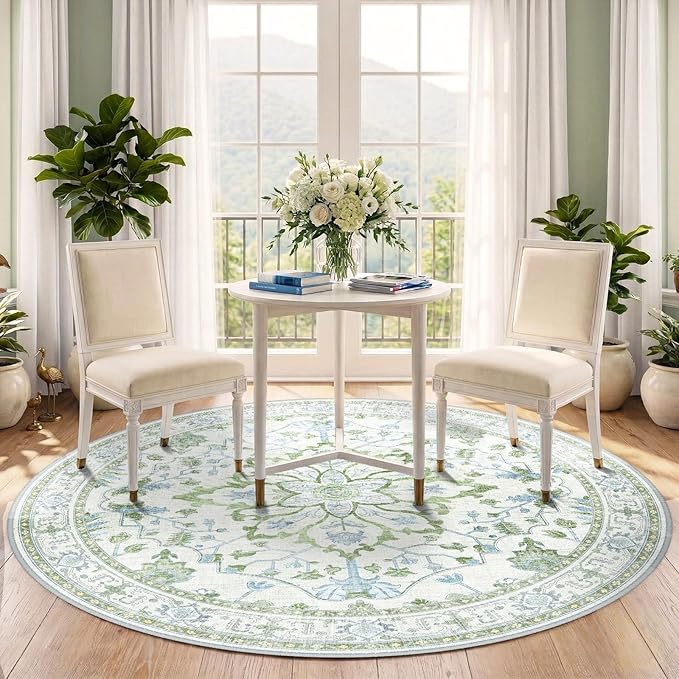 RELEANY Area Rugs Round 5ft Washable Non-Slip, Floral Vintage Distress Medallion Carpet for Living Room Bedroom Dining Room, Green White Blue