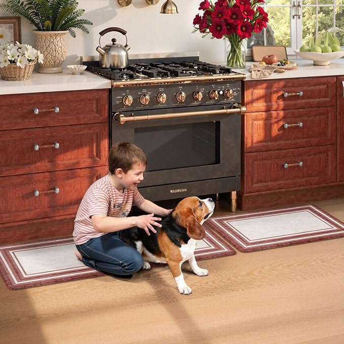 KIMODE Anti Fatigue Kitchen Mats for Floor 2 Piece, Christmas Farmhouse Kitchen Rugs, Padded Kitchen Floor Mats, Red Boho Standing Desk Mats for Laundry Room Decor Office Bathroom Sink 17"x47"+17"x29"