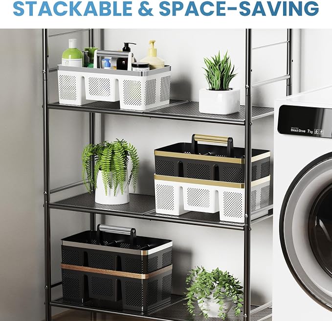 BYUNER 2Pack Plastic Shower Caddy: Portable Shower & Bathroom Caddy Tote with Handle, 4 Divided Compartments, Hard Plastic Shower Basket with All-Side Drainage for College Dorm Room Essentials