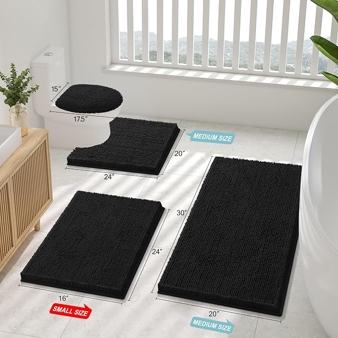 Smiry Luxury Chenille Bathroom Rugs 40x32, Extra Soft and Absorbent Shaggy Bath Mat, Machine Washable, Non-Slip Plush Carpet Runner for Tub, Shower, and Floor, Home Decor Accessories, Black