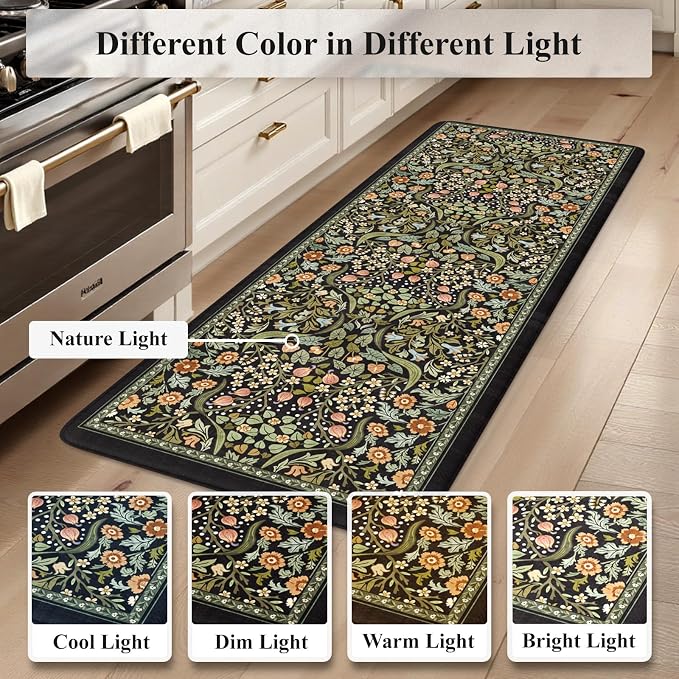 Collive Anti Fatigue Mats for Kitchen Floor, Cushioned Comfort Kitchen Rugs Sets of 2 Waterproof Non Skid Padded Sink Rugs, Boho Floral Rug Black Standing Mat for Office, Laundry