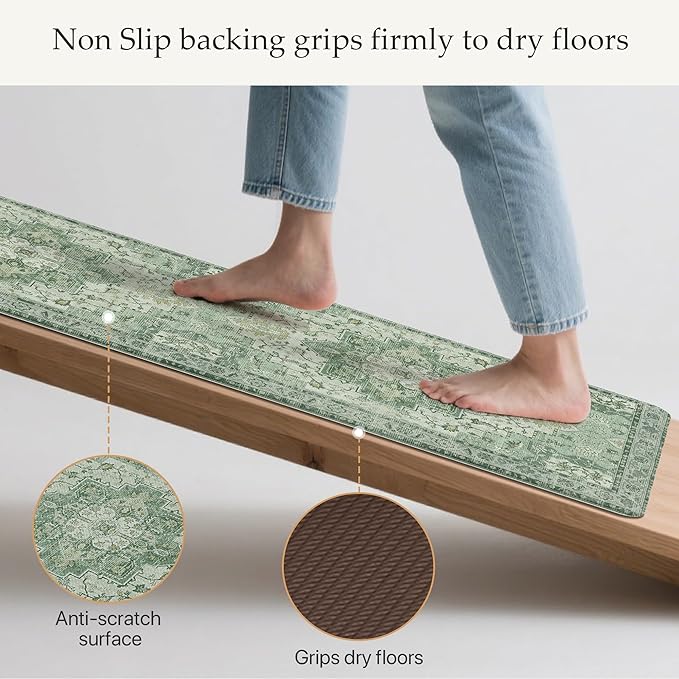 GENIMO Kitchen Mats for Floor, Washable Anti Fatigue Mat for Cushioned, 17.3"x59", Waterproof Kitchen Rugs, Non Slip Foam Comfort Standing Mat Rug for Home, Runner, Sink, Laundry, Light Green