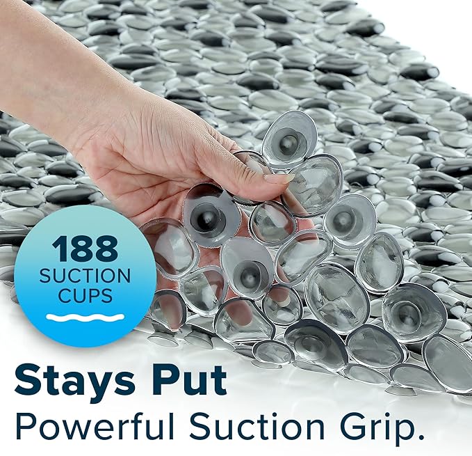 SlipX Solutions Non Slip Pebble Bath Mat for Shower & Bathtub 38x17 | River Rock Look | Accupressure | Massage Bath Mats for Tub | 188 Suction Cups | Machine Washable, Dark Gray Pebbles