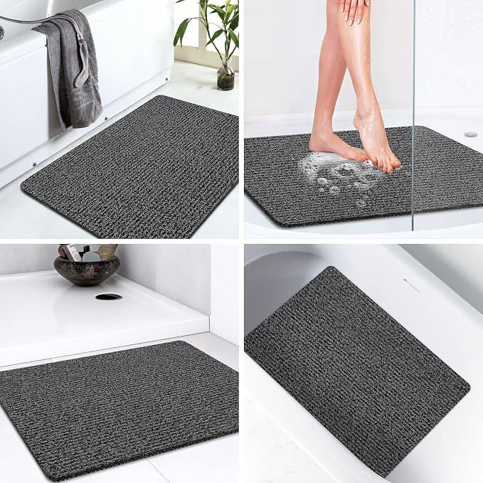 LuxStep Shower Mat Bathtub Mat,24x36 inch, Non-Slip Bath Mat with Drain, Quick Drying PVC Loofah Bathmat for Tub,Shower,Bathroom,Black