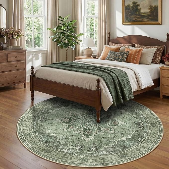 RELEANY Area Rugs Round 8ft Washable Non-Slip, Floral Vintage Distress Medallion Carpet for Living Room Bedroom Dining Room, Dark Green Gray