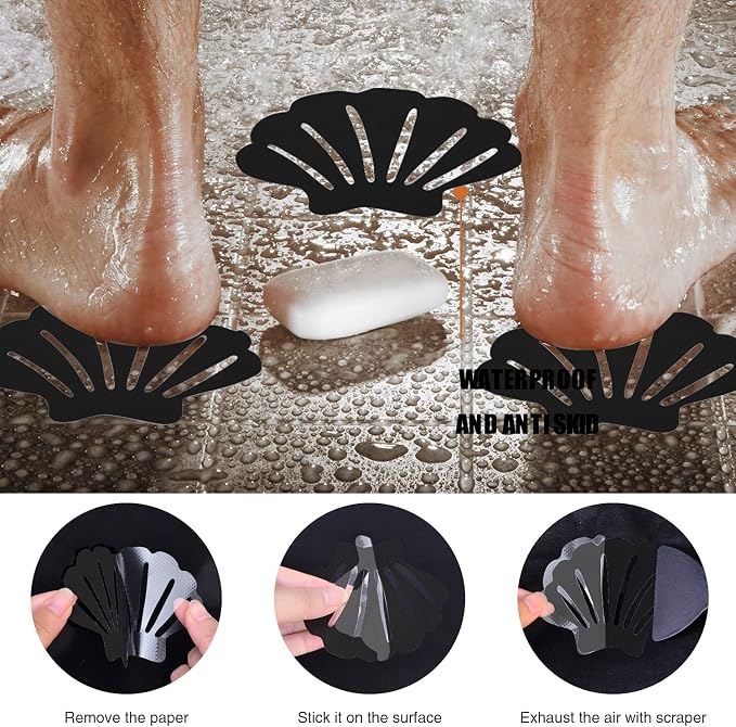 Secopad Non-Slip Bathtub Stickers, 24 PCS Shell Safety Bathroom Tubs Showers Treads Adhesive Decals Scraper (Black)