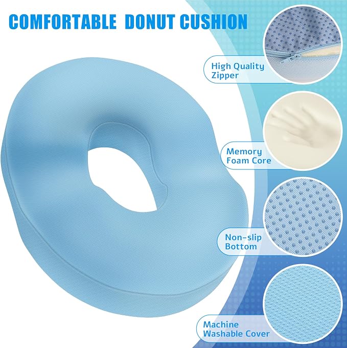 BlissTrends Donut Pillow Seat Cushion, Donut Chair Cushions for Postpartum Pregnancy & Hemorrhoids, Tailbone Pain Relief Cushion, Lifting Cushions for Office & Home Chairs (Light Blue, X-Large)