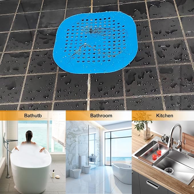 Hair Drain Catcher,Square Drain Cover for Shower Silicone Hair Stopper with Suction Cup,Easy to Install Suit for Bathroom,Bathtub,Kitchen 2 Pack (Blue)