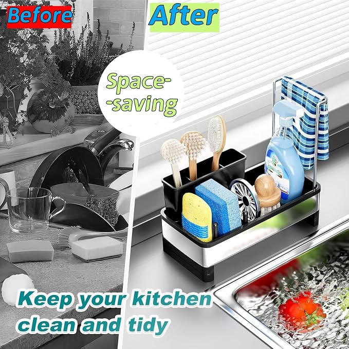 Kitchen Sink Caddy Organzier with High Brush Holder - Sponge Holder for Kitchen Sink with Towel Racks - Rustproof 304 Stainless Steel Kitchen Countertop Storage Essentials