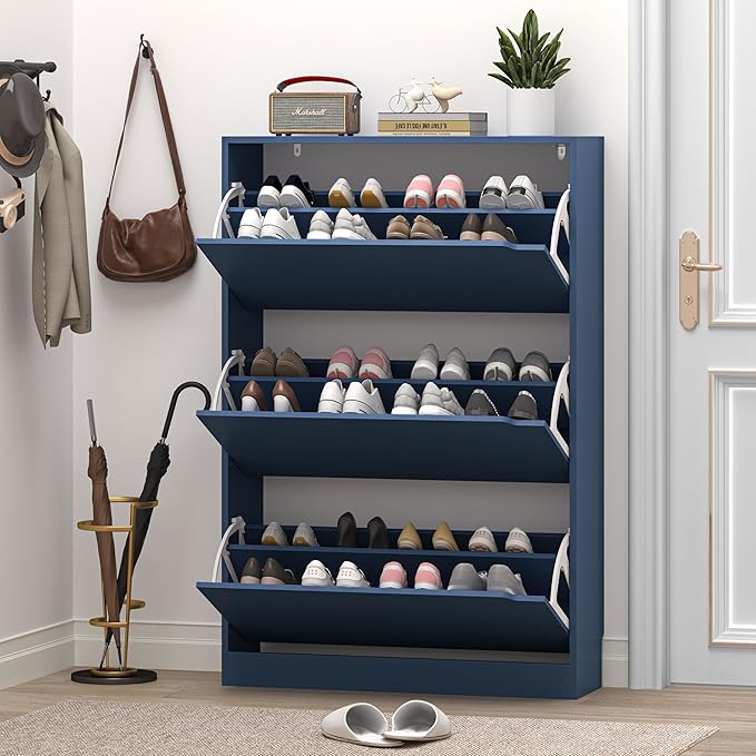 BORNOON Shoe Cabinet with 3 Flip Drawers, Hidden Wood Shoe Cabinet,Freestanding Shoe Storage Cabinet for Entryway Hallway. 47.2" H*31.5" W*9.45" D
