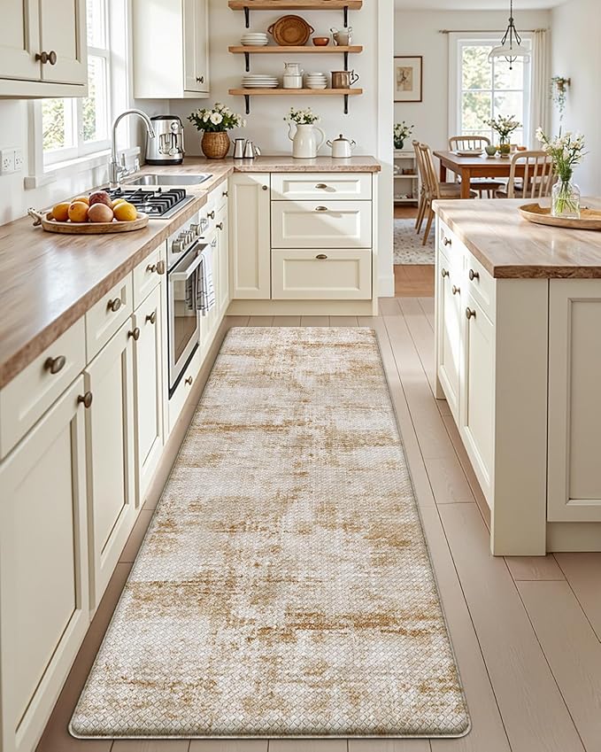 DEXI Kitchen Mats Cushioned Anti Fatigue, 23x86 Floor Padded Runner Rug Non Slip, Waterproof Standing Comfort Memory Foam for Front Sink Laundry, Light Brown