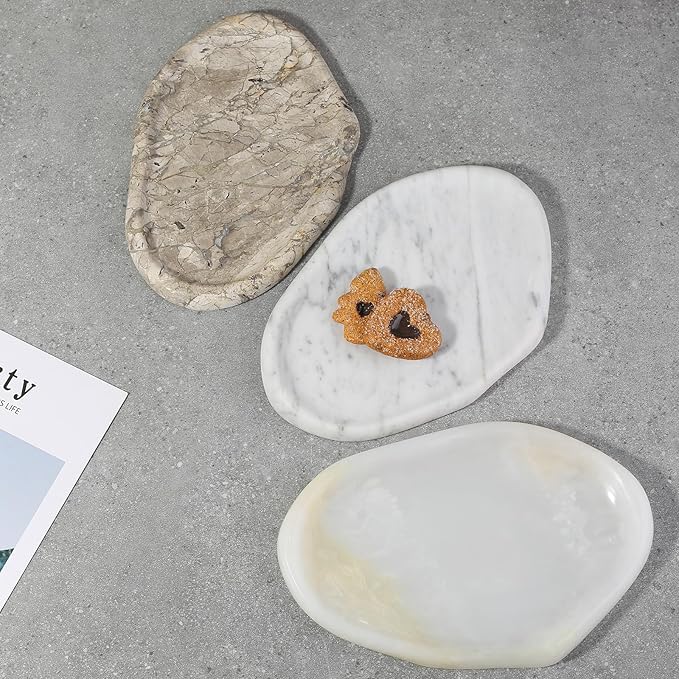Koville Luxurious Natural Marble Vanity Tray for Home Decor, Cloud Shape Serving Stone Key Tray, 10" x 7" Marble Storage Trays for Bathroom, Stone Plate for Perfume, Candle and Jewelry（Bianco Carrara）
