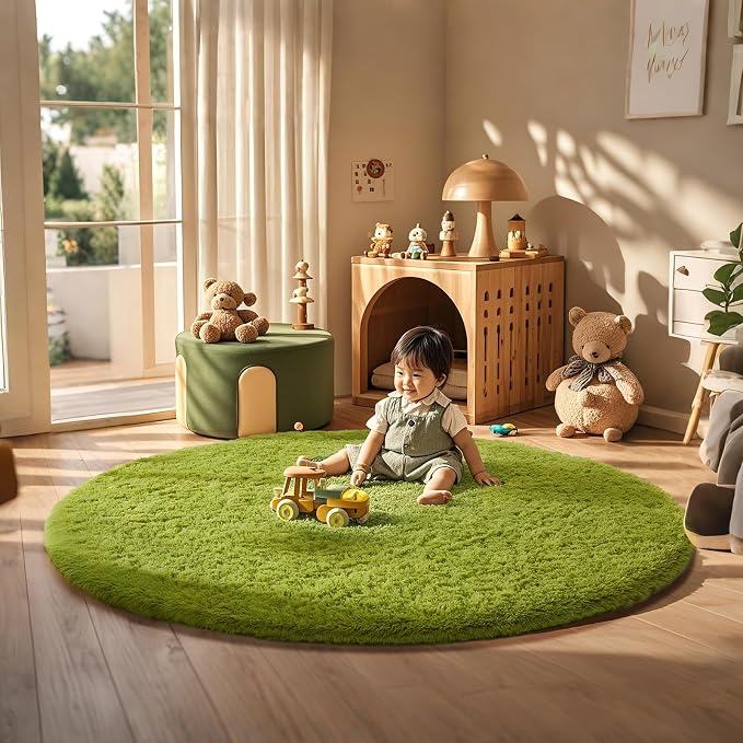 Ophanie Round Rug 6Ft Green Circle Area Rug, Room Decor, Fluffy Fuzzy Bedroom Carpet, Plush Soft Shaggy Living Room Rugs for Kids Home Aesthetic, Nursery