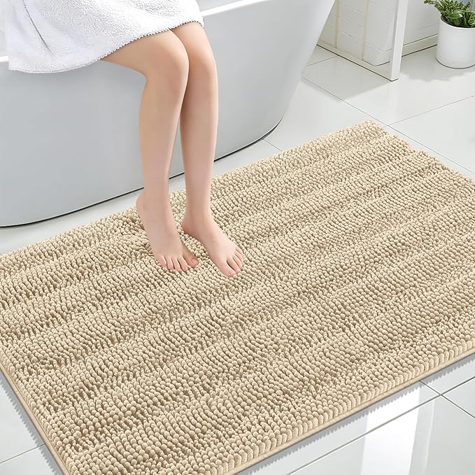 OLANLY Thick Large Bathroom Rugs 47x32, Extra Soft Absorbent Chenille Striped Bath Rugs, Rubber Backing, Machine Wash Dry, Bath Mats for Bathroom Floor, Tub and Shower, Home Decor Accessories, Beige