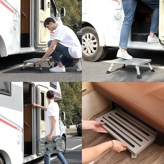 Homeon Wheels Large RV Step Stool, Adjustable Height Aluminum Folding Step Ladder with Non-Slip Rubber Feet, 1500 lbs Capacity, Safety Platform for RV, Trailer, Truck, Outdoor Use, 19" x 14.3"