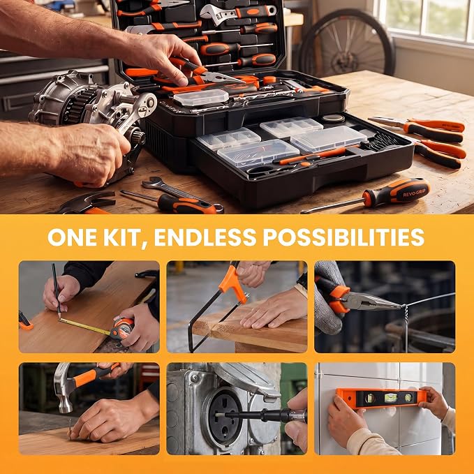 NEWBULIG 330-Piece Complete Tool Box Set, Durable Homeowners Tool Kit with Pull-Out Drawer, Versatile Home Repair Kit for Auto & Household, DIY Projects, Black-Yellow
