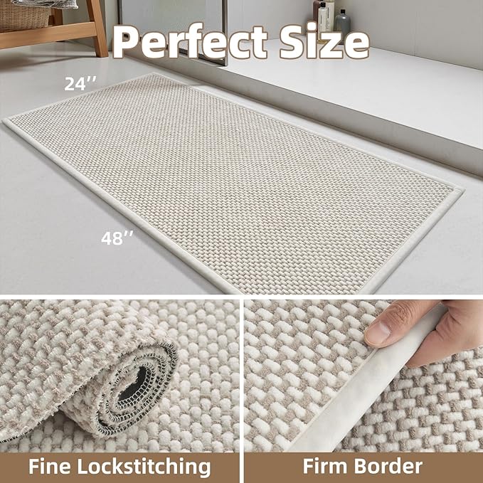 PADOOR-Bath Mat Runner-Super Absorbent Chenille Bathroom Mats-Rubber Backed Bath Mats for Bathroom Non Slip, Easy Clean Bathroom Runner Rugs Front of Bathtub,Shower Room,Sink-24×48, Beige&Cream