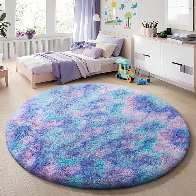 Ophanie Round Rugs 5Ft Tie-Dye Rainbow Purple Area Rug, Aesthetic Room Decor, Fluffy Fuzzy Bedroom Carpet, Plush Soft Shaggy Colorful Living Room Rugs for Kids Home, Nursery