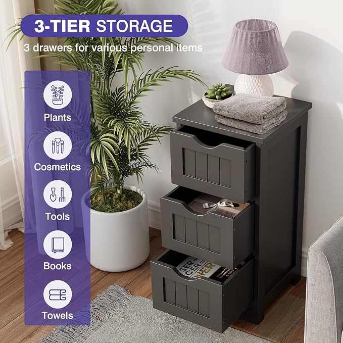 Floor Cabinet with 3 Drawers, Freestanding Side Storage Organizer, Wooden Storage Cabinet for Bathroom Home Office Living Room(Black)