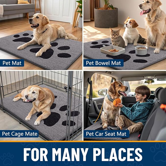 Smiry Dog Door Mat for Muddy Paws, Absorbs Moisture and Dirt, Low-Profile Entryway Mat with Non-Slip Backing, Entry Indoor Outdoor Doormat for Inside Floor (40x32 Inches, Grey, Paw)