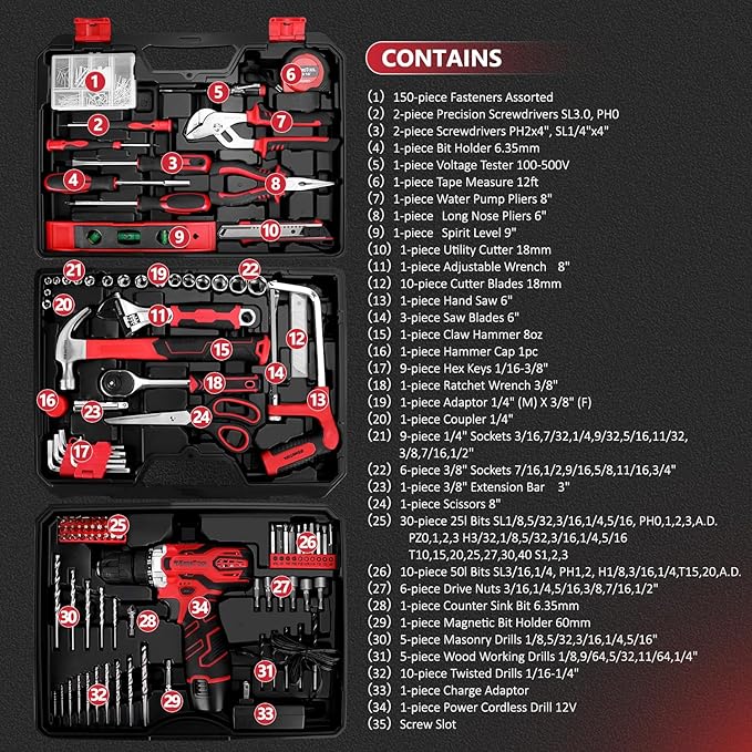 KingTool 276-Piece Tool Set Kit - Tool kit with 12V Cordless Power Drill Driver Toolbox Storage Case with Drawer, Drill Set Perfect for Homeowner, Diyer, Handyman, Fathers Day Gift