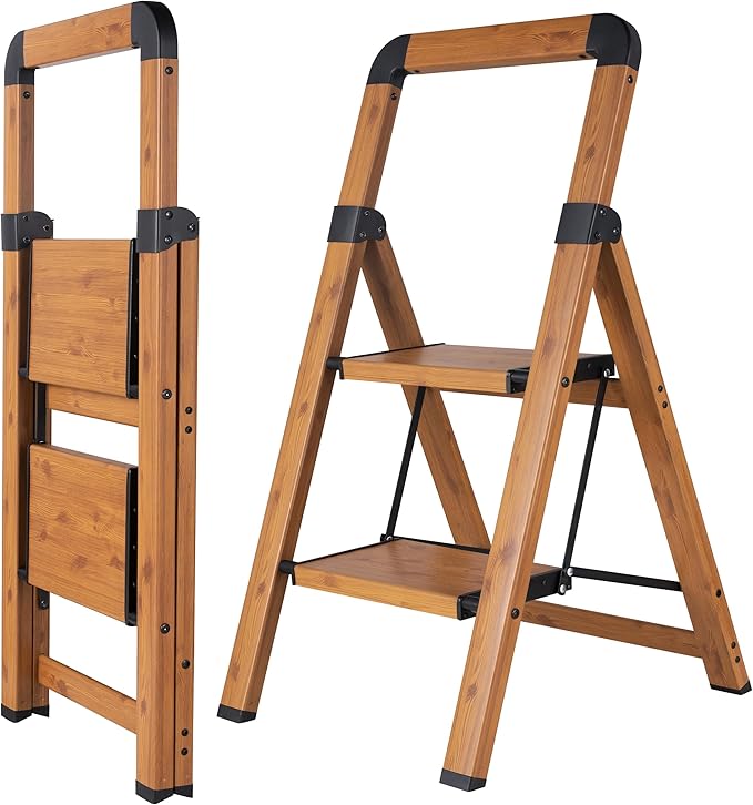 Step Ladder 2-Step Woodgrain Finish Aluminum Folding Ladders