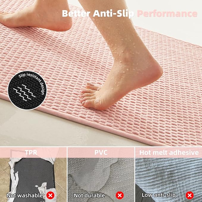 TYUU Bathroom Rugs Non Slip Washable, Super Absorbent Thin Bath Mat Quick Dry Low Pile Bathroom Rug, Pink 24"x36"