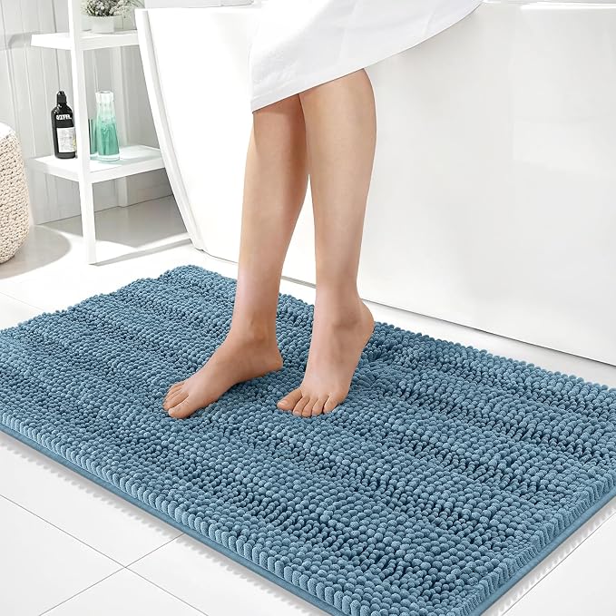 OLANLY Thick Large Bathroom Rugs 40x24, Extra Soft Absorbent Chenille Striped Bath Rugs, Rubber Backing, Machine Wash, Bath Mats for Bathroom Floor, Tub and Shower, Home Decor Accessories, Airy Blue