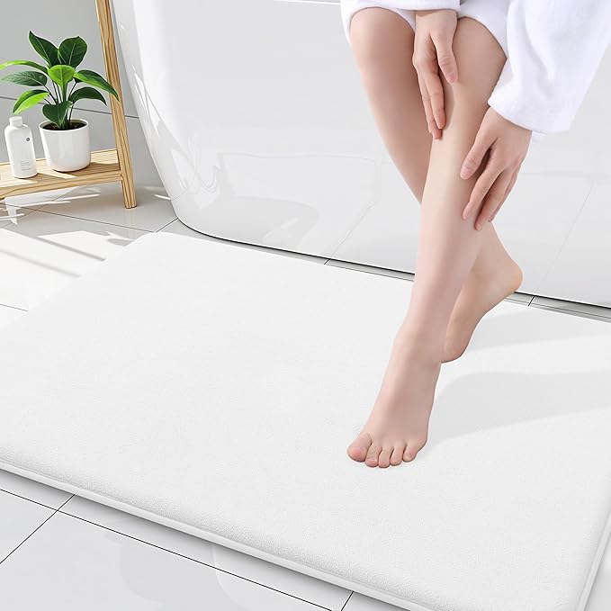 Smiry Memory Foam Bath Mat 34x21, Extra Soft and Absorbent Bathroom Mats, Non Slip Washable Carpet for Floor, Shower and Tub, White