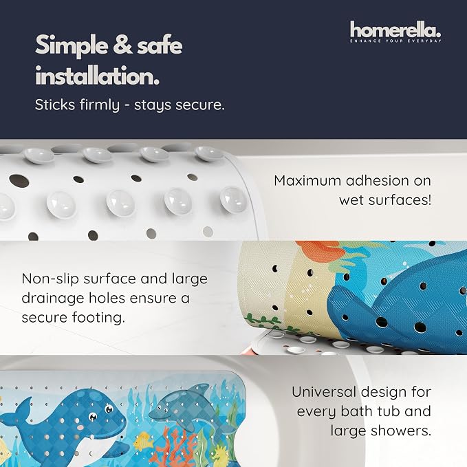 Bath Tub Mat Non Slip Anti Mold for Kids BPA Free INCL Hooks - homerella® Ocean Sea Animals 40x16, Baby Bath Mat Non Slip 200 Suction Cups, Non Toxic Machine Washable Toddler EU Certified -Magic Sea