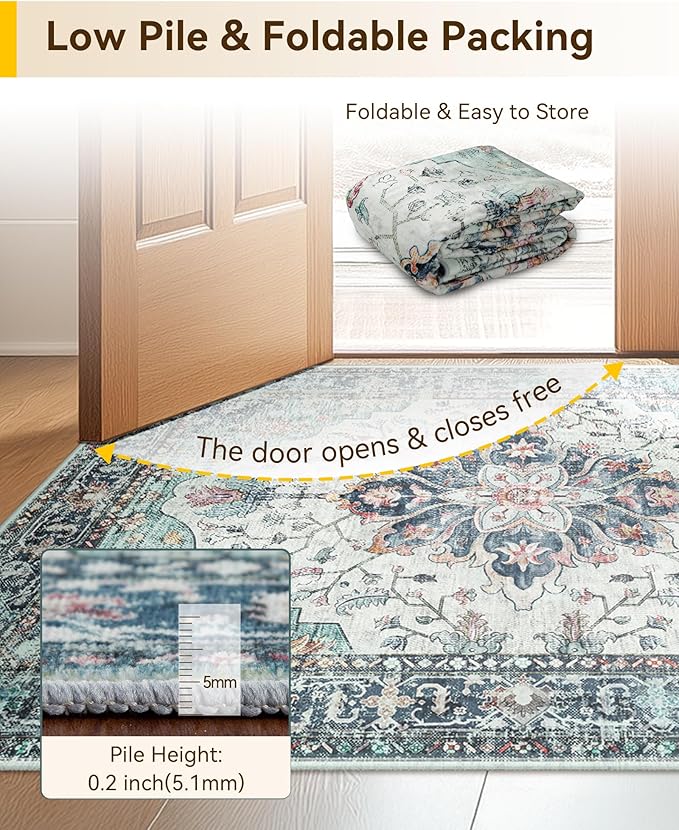 RELEANY Area Rugs Runner 2'x6' Washable Non-Slip, Floral Vintage Distress Medallion Carpet for Kitchen Hallway Bedroom Beside Laundry Room Bathroom, Green Navy Blue White Red Teal