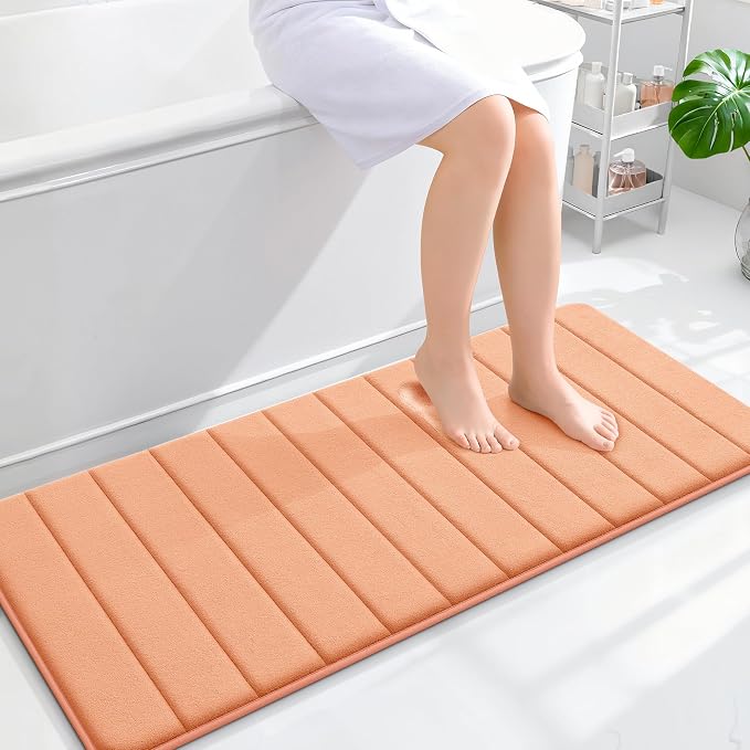OLANLY Memory Foam Long Bathroom Rugs Runner 47x20, Super Soft Absorbent Bath Mat, Quick Dry, Machine Washable Shower Floor Rugs, Bathmat Carpet, Bathroom Home Decor Accessories, Peach