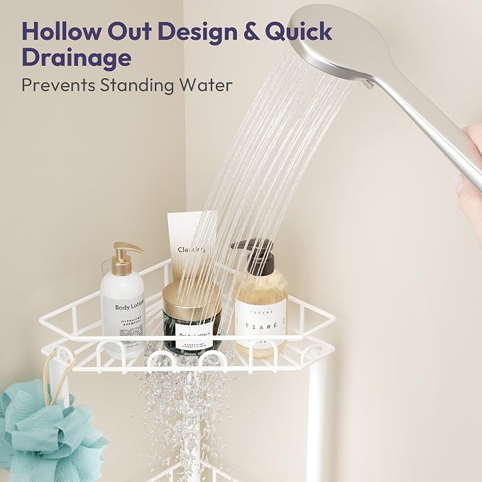 SWTYMIKI Standing Shower Caddy Corner - 4‑Tier Stainless Steel Shower Organizer Shelf with 16 Hooks and Adhesive Pads, Rustproof Corner Shelves Stand Rack for Bathroom Shower Room, white